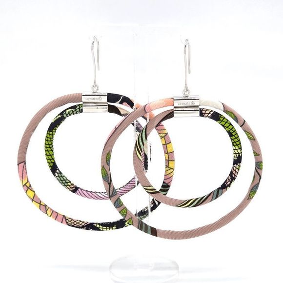 Hermes Petite Ash Twill Double Hoop Earrings Binaural Silk Multicolor Box - Picture 2 of 9